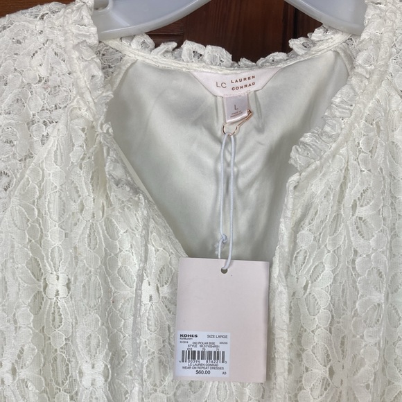 LC Lauren Conrad NWT Fit And Flare Double Ruffle Sleeve White Lace Dress | Sz L - Picture 3 of 7
